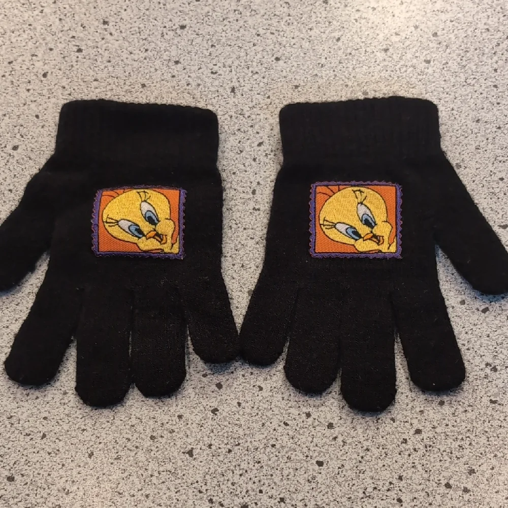 Vintage 1999 Kids Tweety Bird Looney Tunes Black Winter Gloves